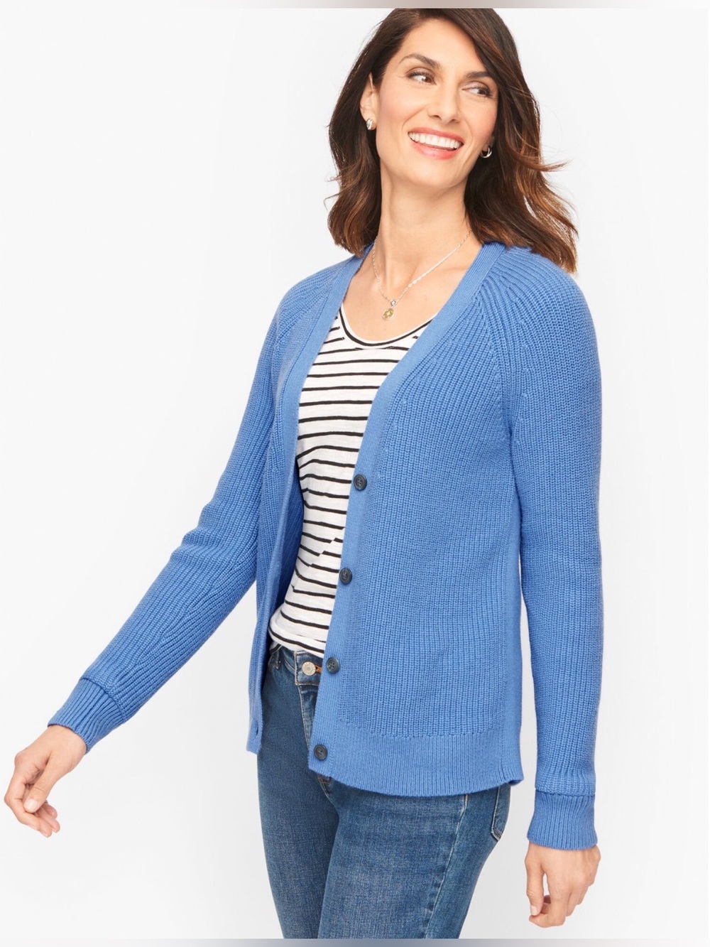 Talbots Shaker Stitch V-Neck Cardigan Medium Cornflower Blue Size 1XP - Picture 1 of 5